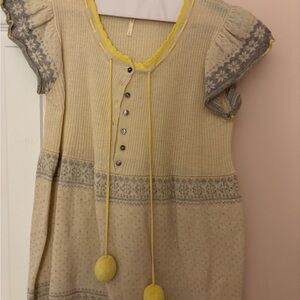 Free People Cream and Yellow Knit Scoop-Neck Dress with Pom Ties